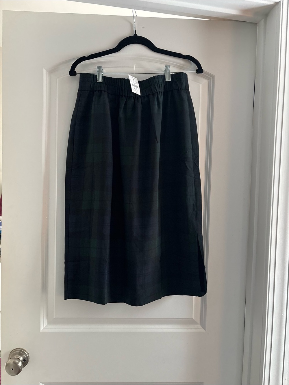 J. Crew Factory Black & Dark Green Plaid Midi Skirt - Elastic Waist